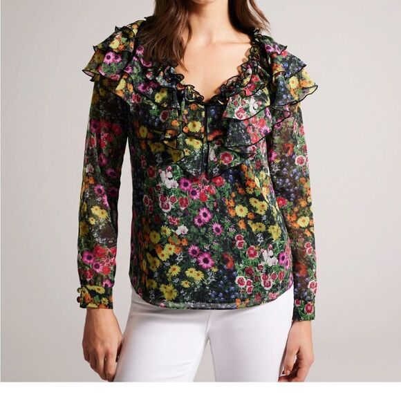 NWOT New Ted Baker Amell Black Multi-Colored Floral Ruffle Blouse US 6/M (TB 2) - Picture 5 of 16